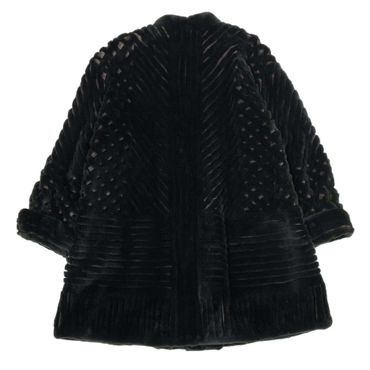 27L1 MONDEREVE シェアードリアルファー ロングコート サイズF ブラック 本毛皮 レアデザイン 格子柄 ポケット有t18r