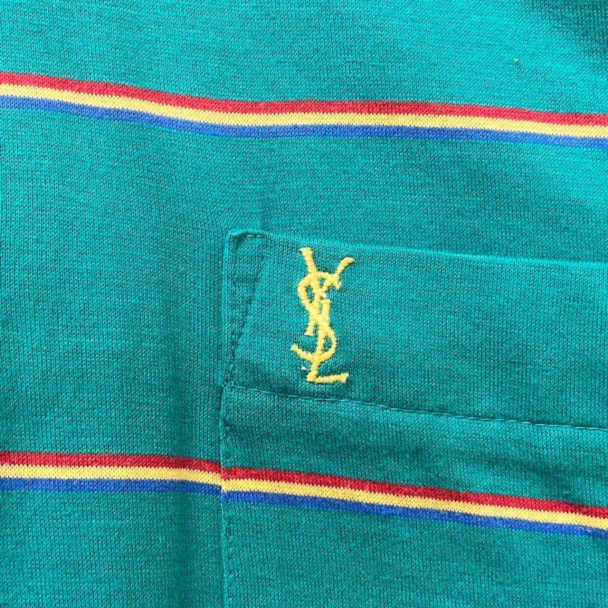 85g7 YVES SAINT LAURENT イヴサンローラン YSLロゴ 半袖ポロシャツ ボーダー カットソー サイズS グリーン コットン100％ メンズ 紳士服o07t