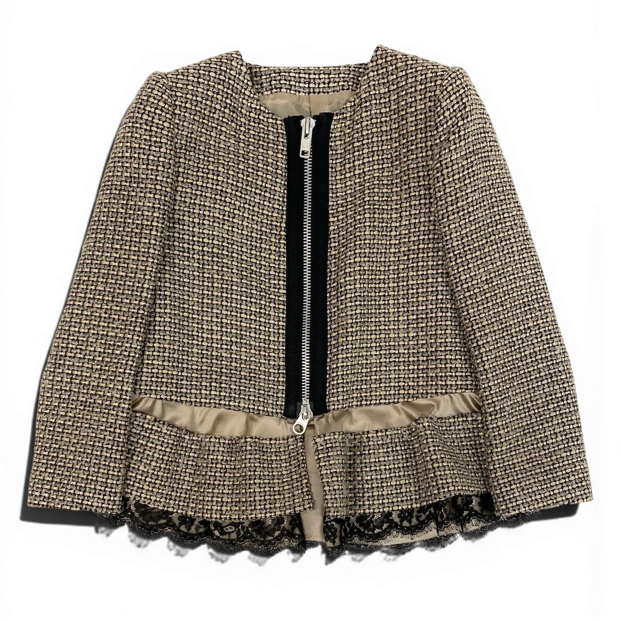 e11 sacai ノーカラーツイードジャケット 切替デザイン 12-01565 1サイズ ブラウン系 レディース 女性用u02t