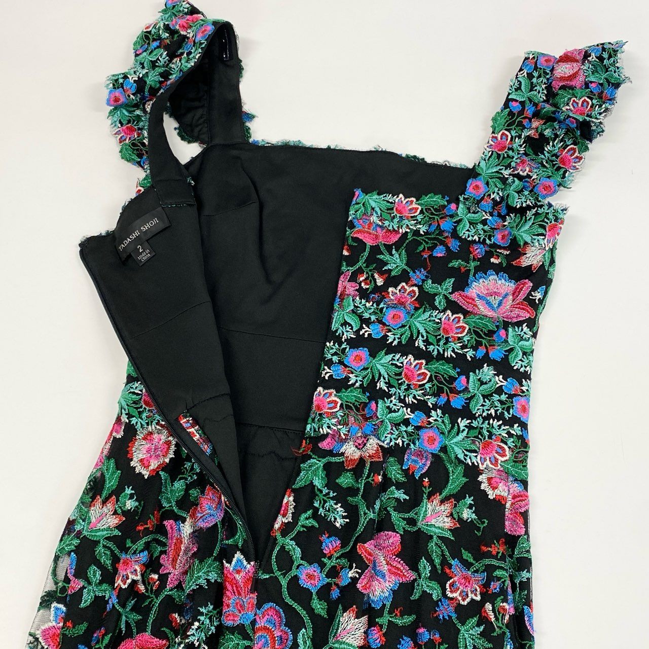 26j24 《美品》TADASHI SHOJI タダシショージ ノースリーブワンピース ドレス 花柄刺繍 膝丈 タイトシルエット◎ 2サイズ マルチカラー レディースu02t