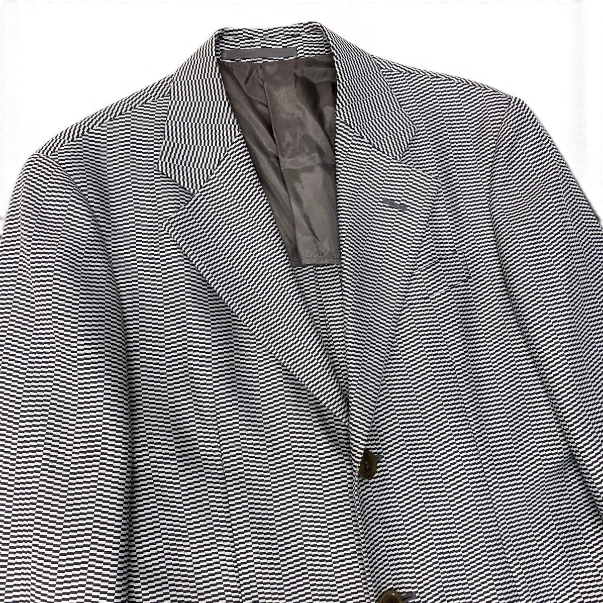 91g24 ARMANI COLLEZIONI アルマーニコレツィオーネ テーラードジャケット ロングジャケット 総柄 サイズ46 ライトグレー ブラック メンズ 紳士服u02t