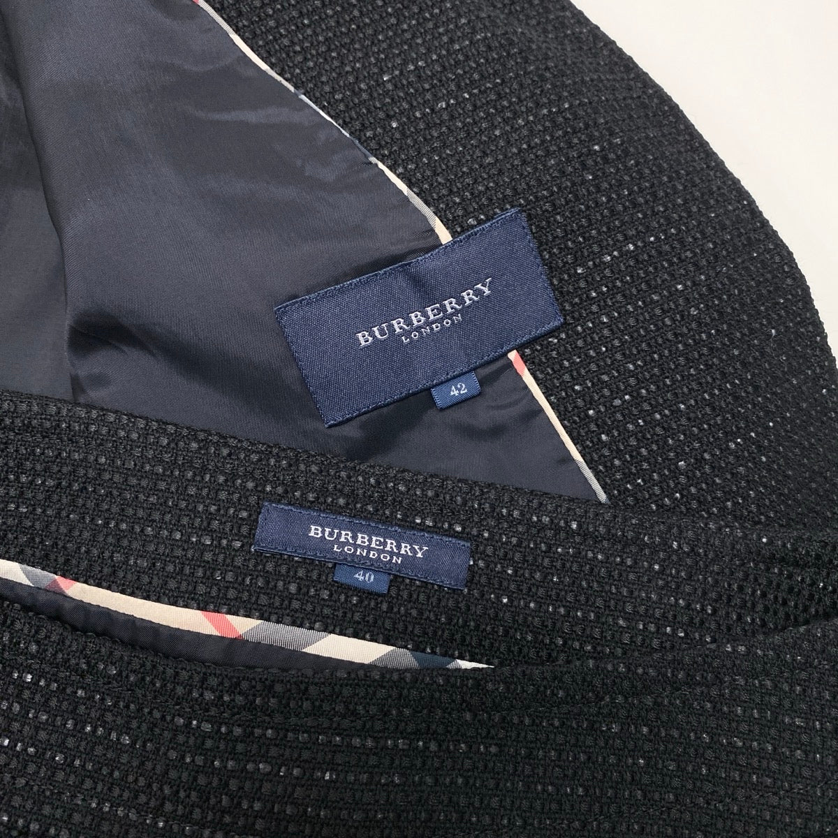 32g29 BURBERRY LONDON バーバリーロンドン セットアップスカート スーツ ツイード生地 フォーマル ノーカラージャケット FC363-805-10 40/42 ブラック レディース 女性用u02t