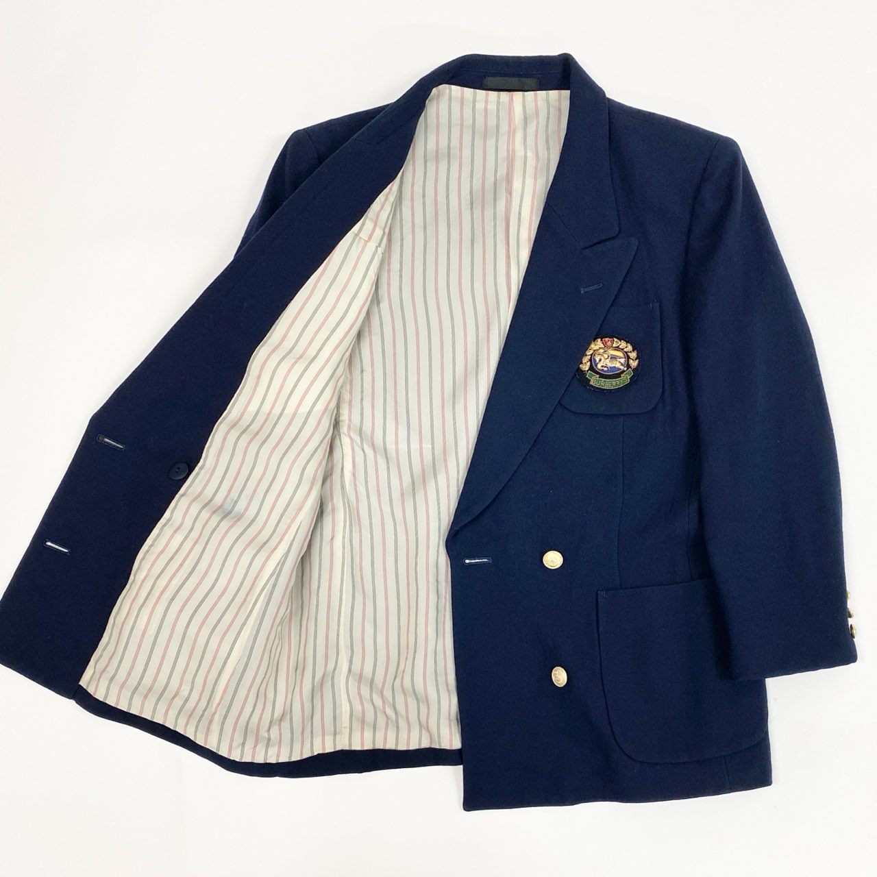 22a23 Burberrys バーバリーズ 紺ブレザー テーラードジャケット ダブルブレスト エンブレム ワッペン 9 ネイビー ウール レディースu02t