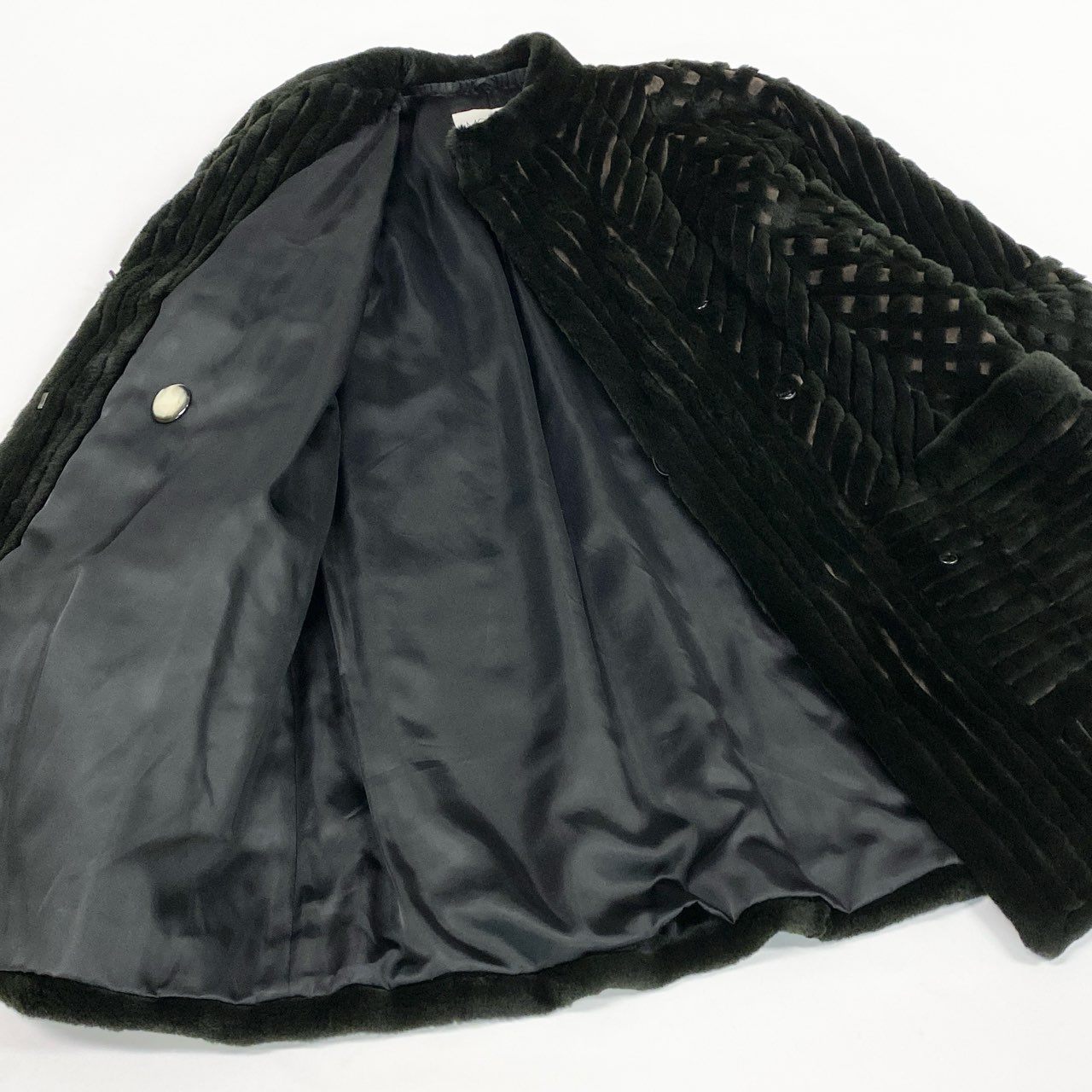 27L1 MONDEREVE シェアードリアルファー ロングコート サイズF ブラック 本毛皮 レアデザイン 格子柄 ポケット有t18r