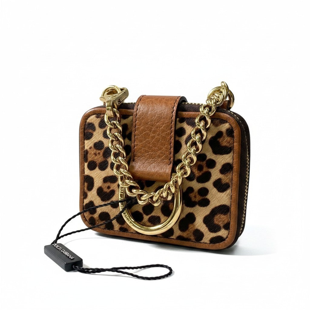 f10 【未使用タグ付】 DOLCE&GABBANA ドルチェアンドガッバーナ レオパード柄 ハラコチャーム 小物ケース ミラー付 ブラウン ベージュ ゴールド レディース 女性用