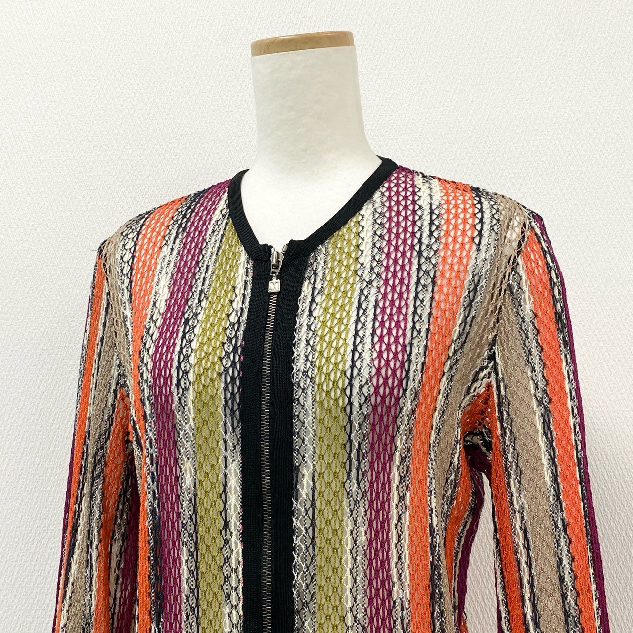 12f11 MISSONI ミッソーニ カギ編み ニットワンピース ジップアップ ロングカーディガン コート サイズ46 マルチカラー レディースk02i