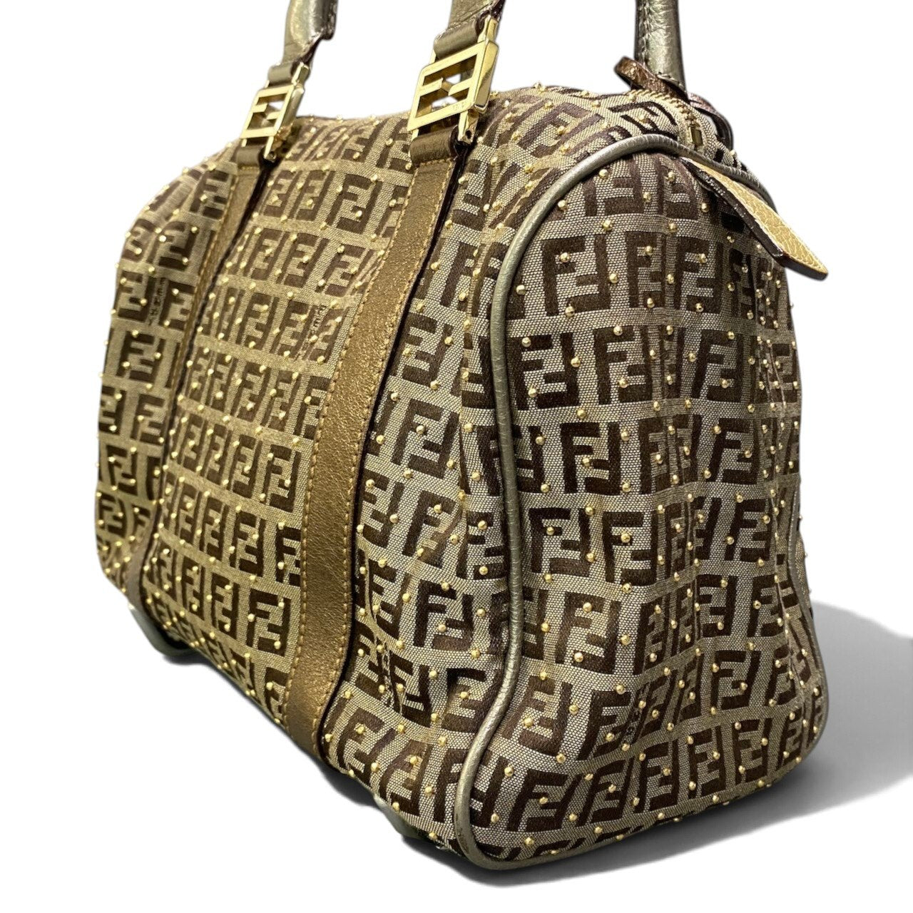 h29 FENDI ズッキーノ スタッズ ボストンバッグ ブラウン ベージュ レディース 女性用ta1