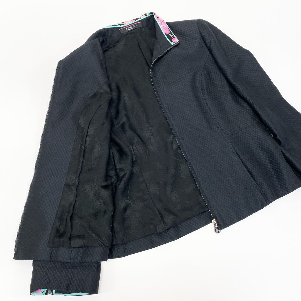 63a12 LEONARD FASHION レオナール フルジップ ジャケット ロングスリーブ 美しい花柄プリント〇 裏地花柄 レディース 42 ブラック シルク ウールo07t