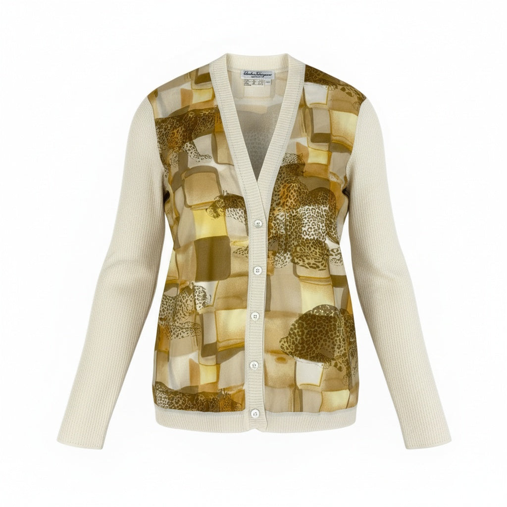 81a23 Salvatore Ferragamo  Animal Print Cardigan Size XL White フェラガモ アニマルプリントカーディガンt18r