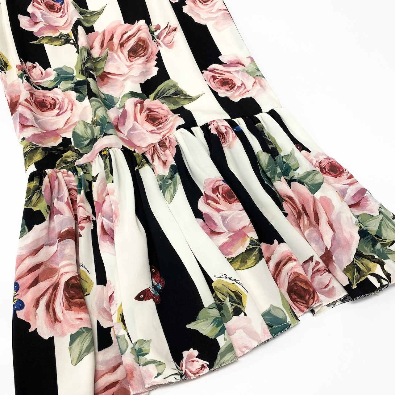 42c24 DOLCE＆GABBANA ドルチェアンドガッバーナ シルクロングドレスワンピース ノースリーブワンピース ストライプ 薔薇 蝶  36サイズ マルチカラー レディース 女性用o07t