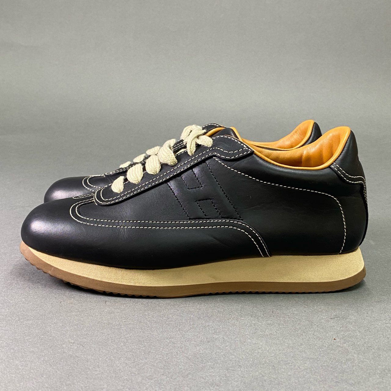 3k12 HERMES エルメス クイック レザー ローカットスニーカー 37 約22cm ブラック Leather Sneakers イタリア製 Hロゴ