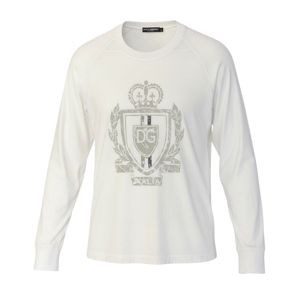 55d30 DOLCE&GABBANA ドルチェアンドガッパーナ ロングスリーブ プリントTシャツ フロントロゴ クルーネックカットソー サイズ54 ホワイト コットン100％ メンズ 紳士服u02t