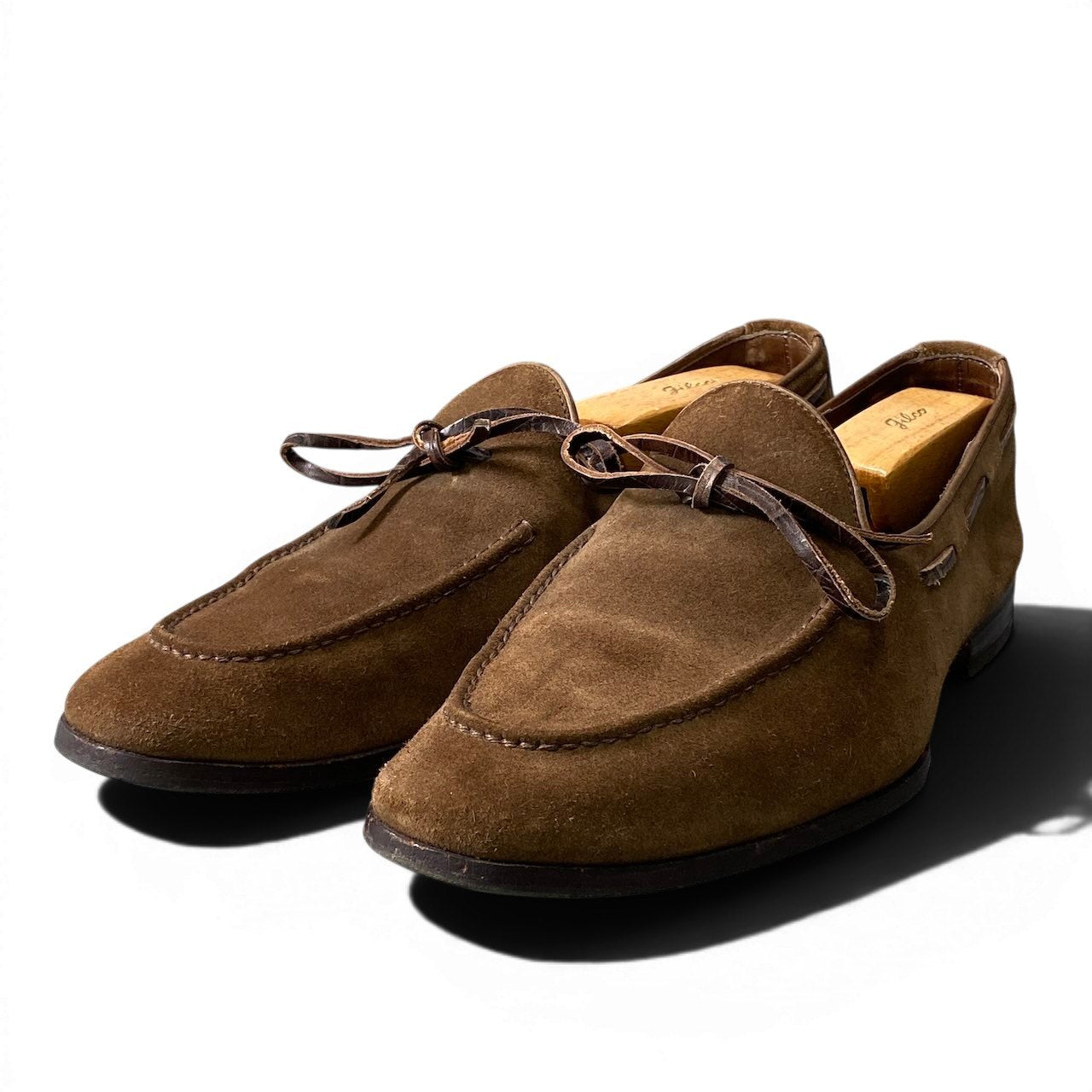 1f10 Santoni サントーニ リボンローファー スウェードレザーシューズ サイズ8 ブラウン メンズ 紳士靴u02t