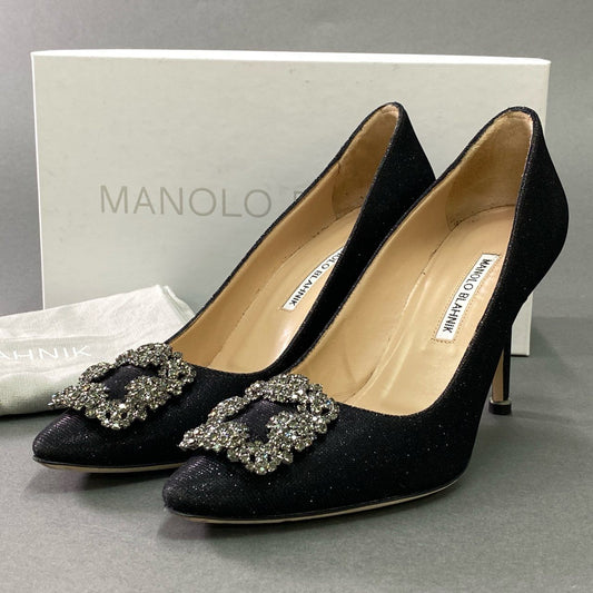6d21 MANOLO BLAHNIK マノロブラニク HANGISI FMC ハンギシ ラインストーン グリッターラメパンプス 38 ブラック セレモニー パーティ 結婚式 シューズ 箱付き