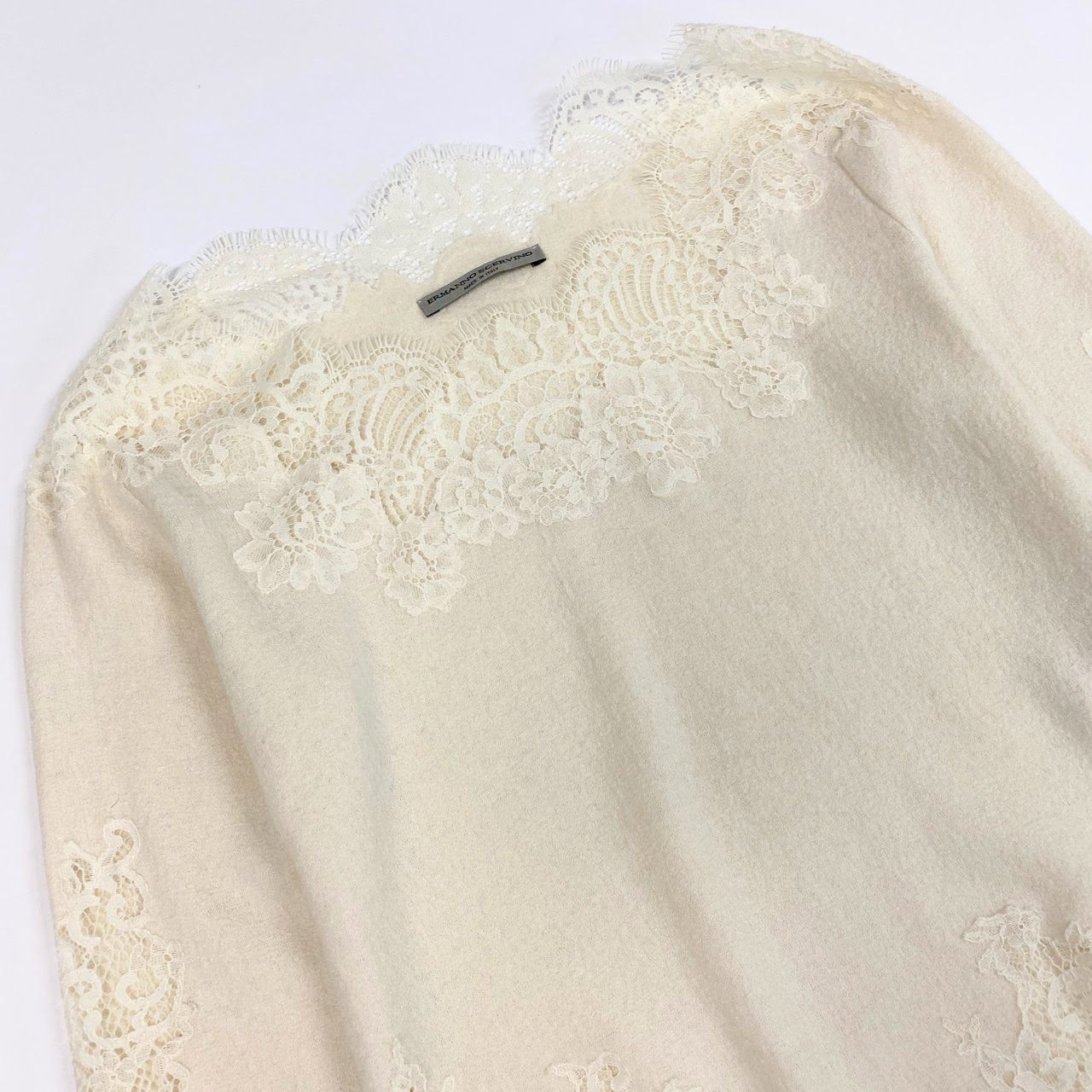 85k4 Ermanno Scervino エルマンノ シェルヴィーノ 大きいサイズ イタリア製 カシミヤ混 レースデザイン 長袖 ニットセーター トップス プルオーバー 44 XLサイズ相当 ホワイト ウール シルク カシミア レディースo07t
