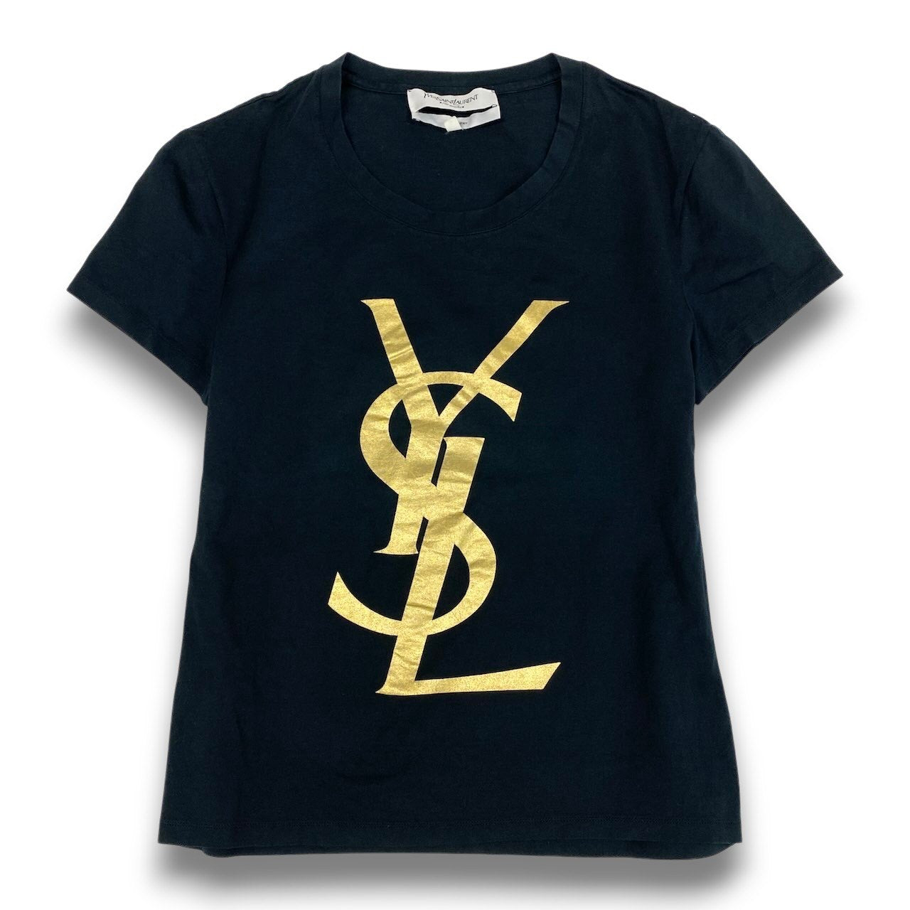 c24 《美品》 YVES SAINT LAURENT rive gauche イヴサンローランリブゴーシュ 半袖カットソー トップス ゴールドロゴ S ブラック コットン レディースu02t