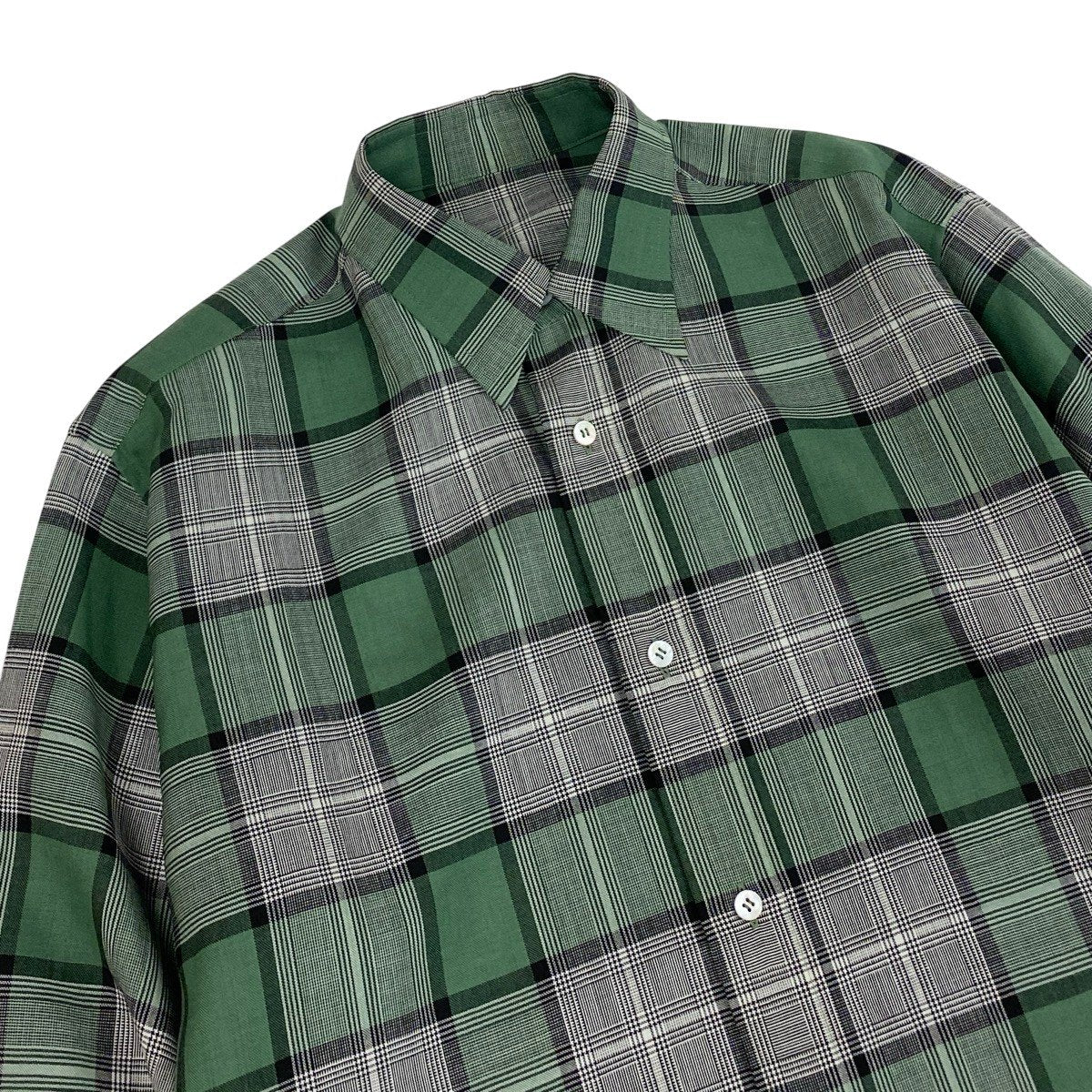 54f29 【美品】 Cale カル ロングスリーブ チェックシャツ 薄手 サイズ3 グリーン系 ウール100％ メンズ 紳士服u02t