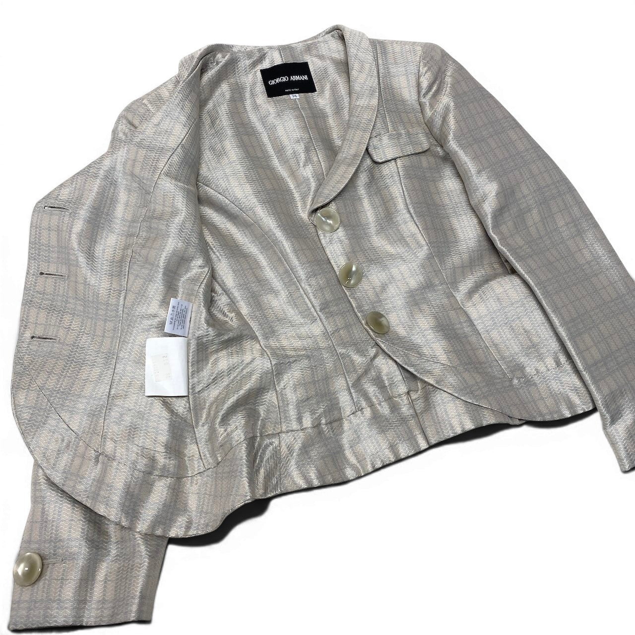 91g24 【美品】 GIORGIO ARMANI ジョルジオアルマーニ テーラードジャケット  BORGO21 チェック柄 丸襟 サイズ36 光沢ベージュ ライトグレー レディースu02t