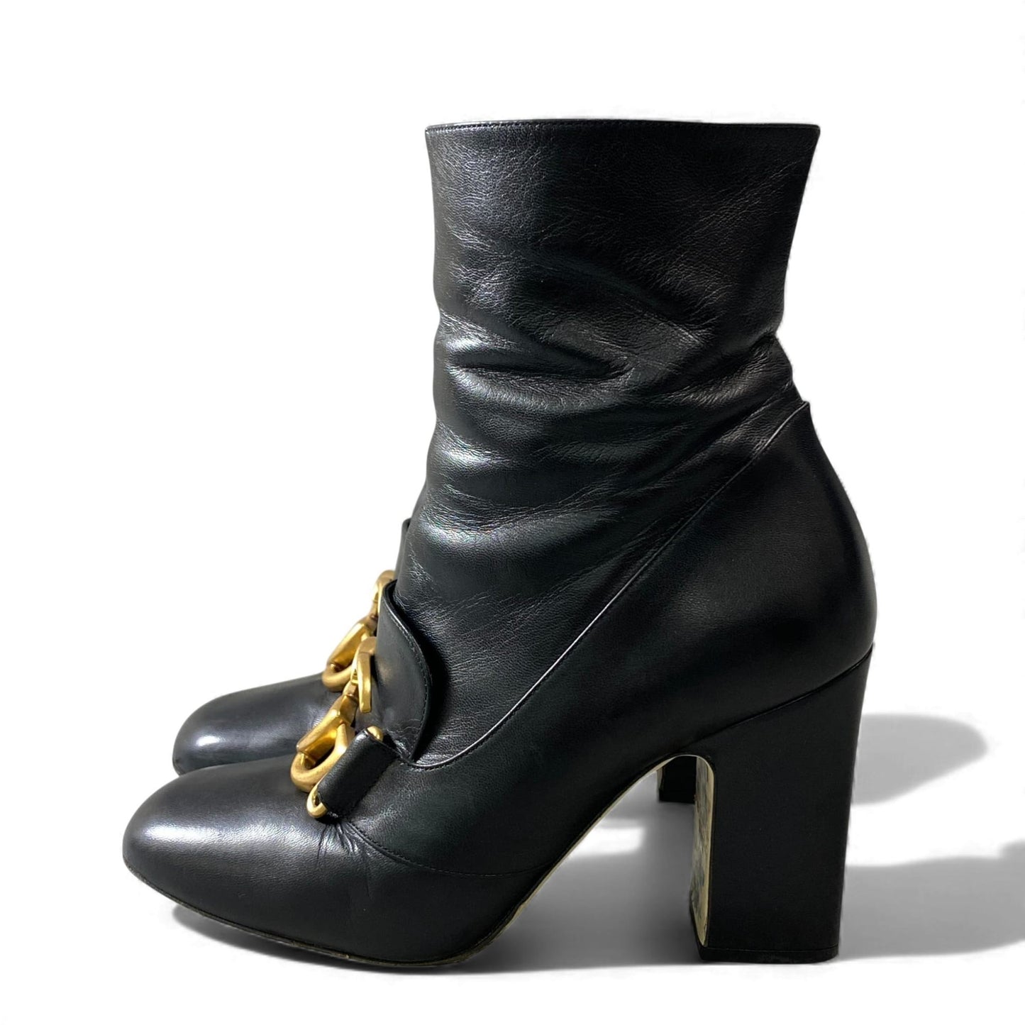 1L11 GUCCI グッチ ダブルG GGマーモント ショートブーツ チャンキーヒール サイズ36 ブラック レザー レディース 靴 ブーツk02i