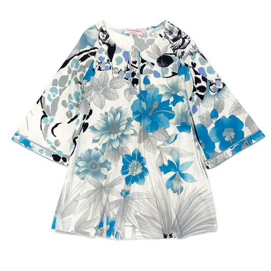 69L17 LEONARD レオナール チュニック ロングスリーブカットソー 美しい花柄プリント ストレッチ素材 トップス 36サイズ ホワイト ブルー レディースo07t