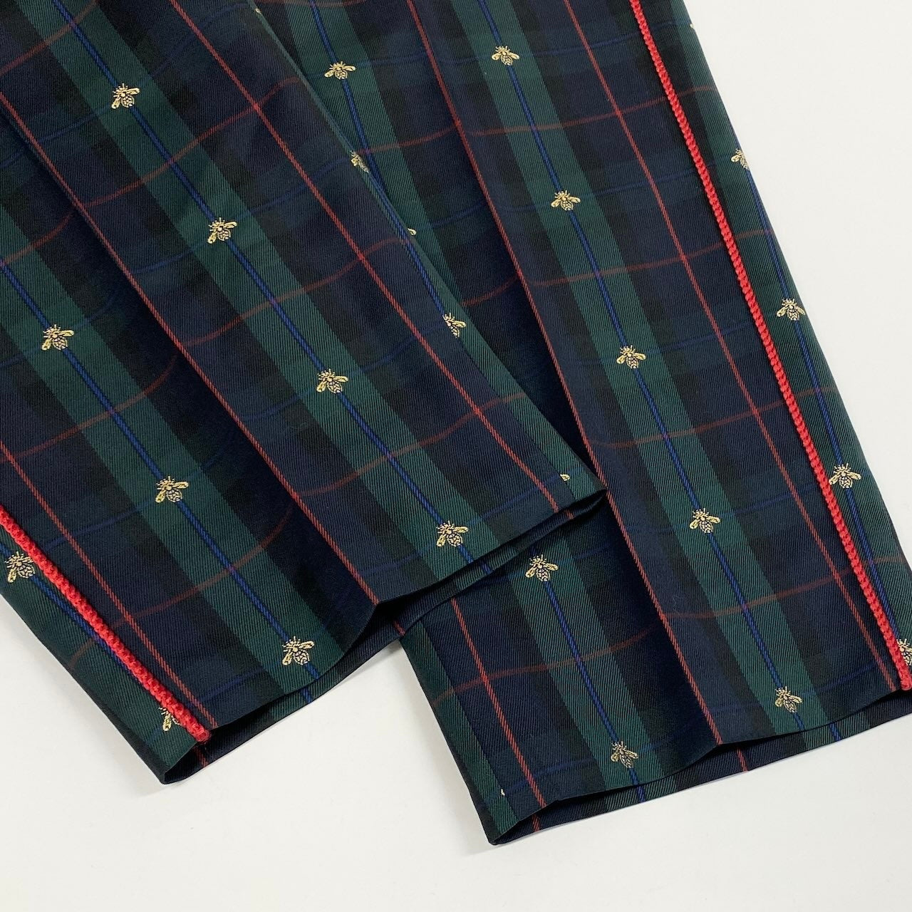 41e14 GUCCI グッチ サイドラインチェックパンツ BEE 蜂 刺繍 タータンチェック イタリア製 52サイズ グリーン系 ウール100％ メンズ 男性用u02t