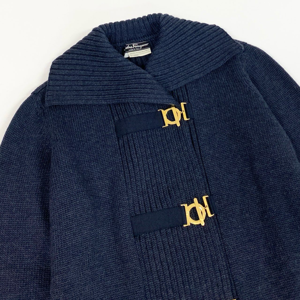 52b27 Salvatore Ferragamo サルヴァトーレフェラガモ ガンチーニ ニットカーディガン ロングカーディガン S ネイビー ウール レディースu02t