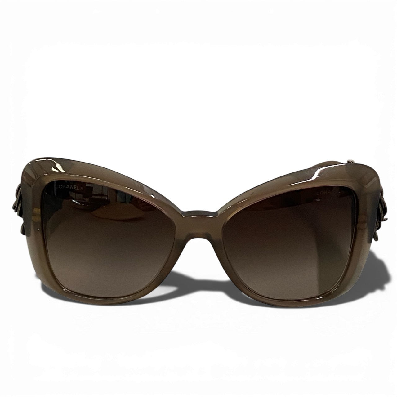 b15 CHANEL シャネル レザー カメリア ココマーク サングラス アイウェア 5318-Q ブラウン レザー レディースta1