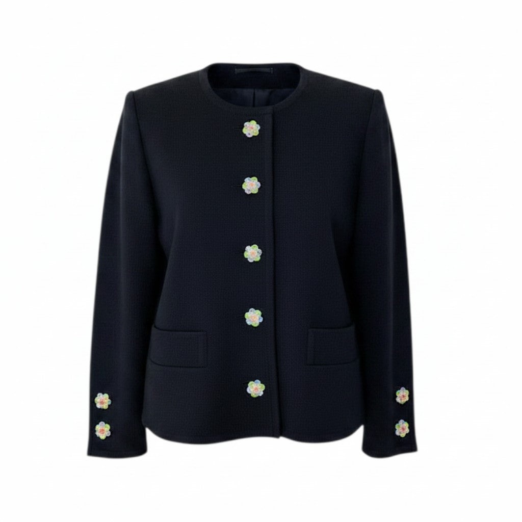 Ee26 YVES SAINT LAURENT イヴサンローラン ビジューボタン ノーカラー ニットジャケット サイズL ブラック ウール100％ レディース 女性服u02t