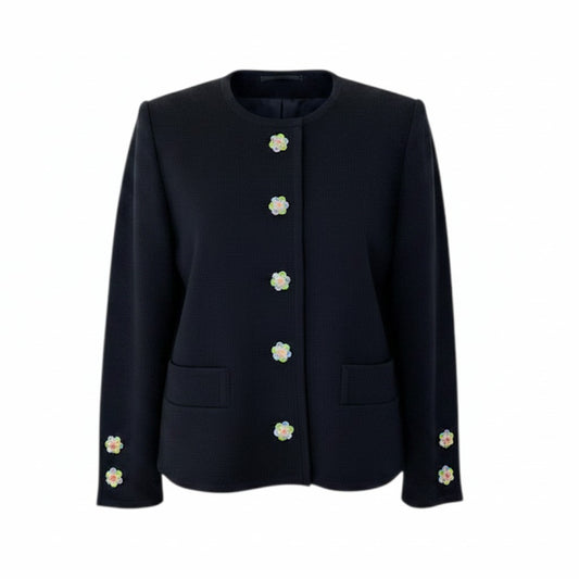 Ee26 YVES SAINT LAURENT イヴサンローラン ビジューボタン ノーカラー ニットジャケット サイズL ブラック ウール100％ レディース 女性服u02t