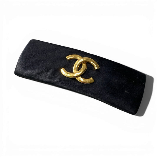 b2 CHANEL シャネル ココマーク ロゴ バレッタ ヘアアクセサリー ブラック ゴールド サテン レザー フランス製ta1