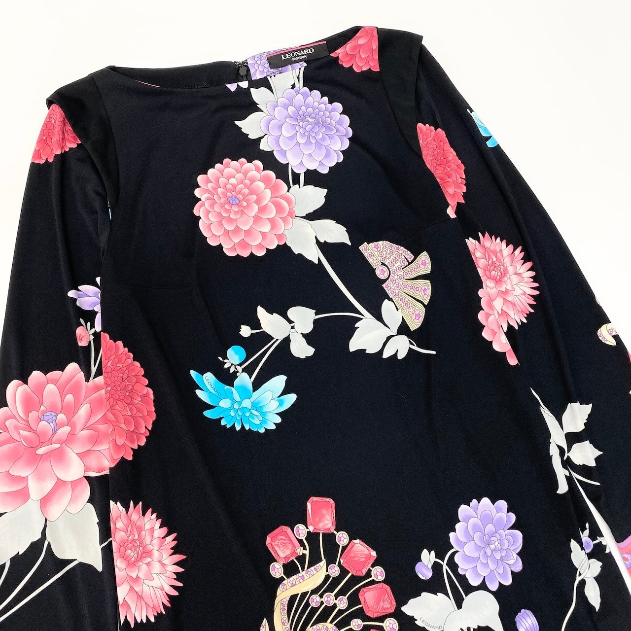 34d12 LEONARD FASHION レオナール ロングスリーブワンピース 膝丈ワンピース 美しい花柄プリント カンカン素材 サイズ40 ブラック レディース 女性用u02t