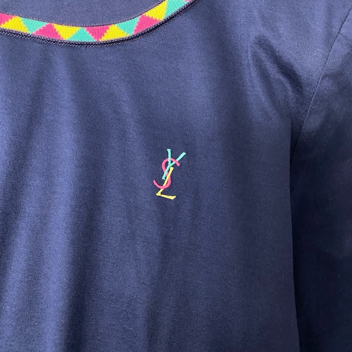 If11 Yves Saint Laurent イヴサンローラン YSLロゴ刺繍 Tシャツ 半袖カットソー トップス Mサイズ ネイビー  コットン レディースo07t
