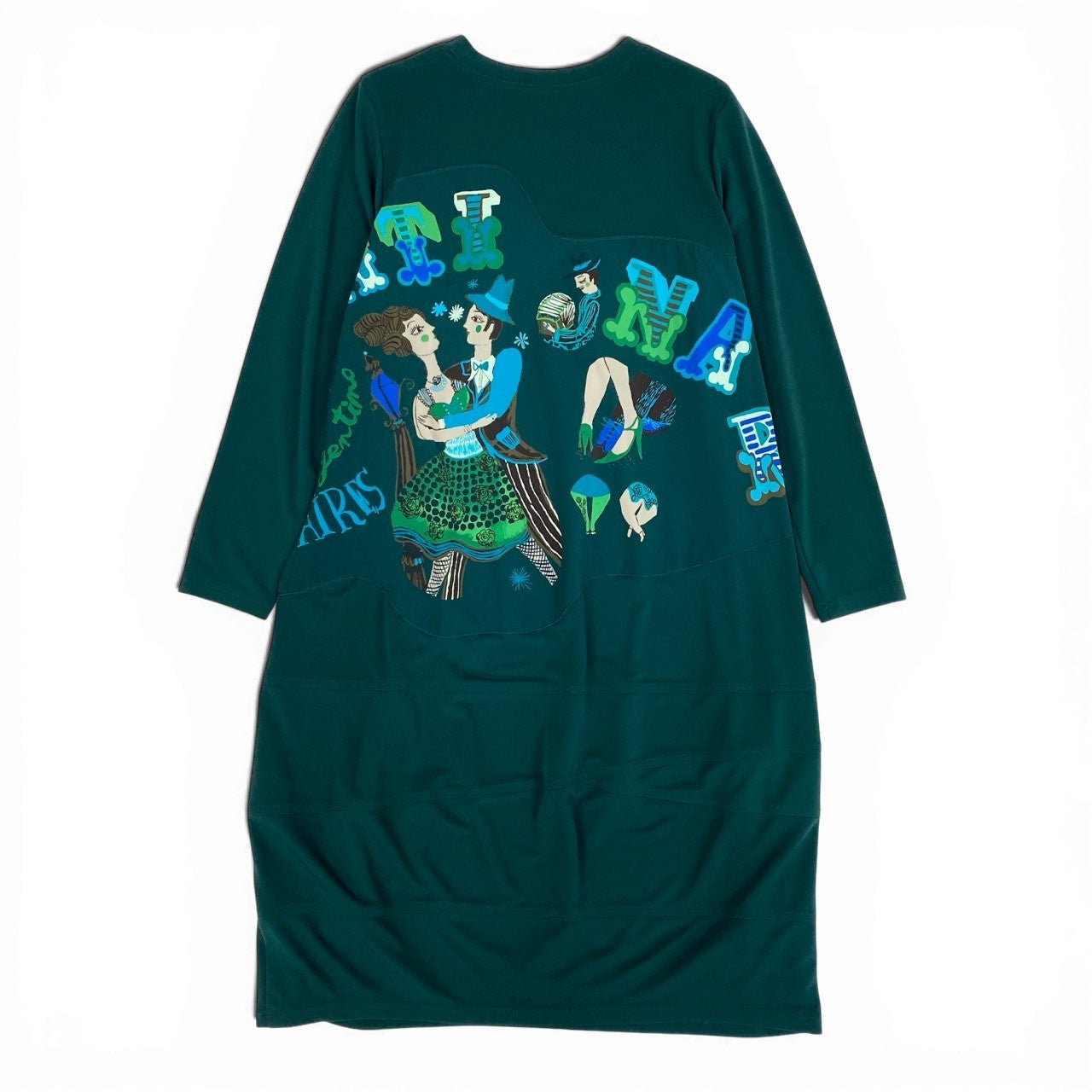 64a23 TOKUKO 1er VOL トクコプルミエヴォル 両面プリント 長袖ワンピース ロングワンピース ストレッチ素材 9 グリーン レディースu02t