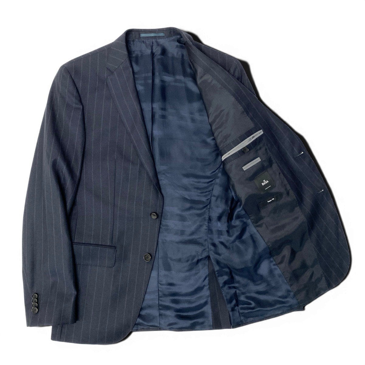 32e13 【美品】HUGO BOSS ヒューゴボス スーツセットアップ テーラードジャケット スラックス ストライプ REDA生地 46サイズ ネイビー ウール100％ メンズ 男性用u02t