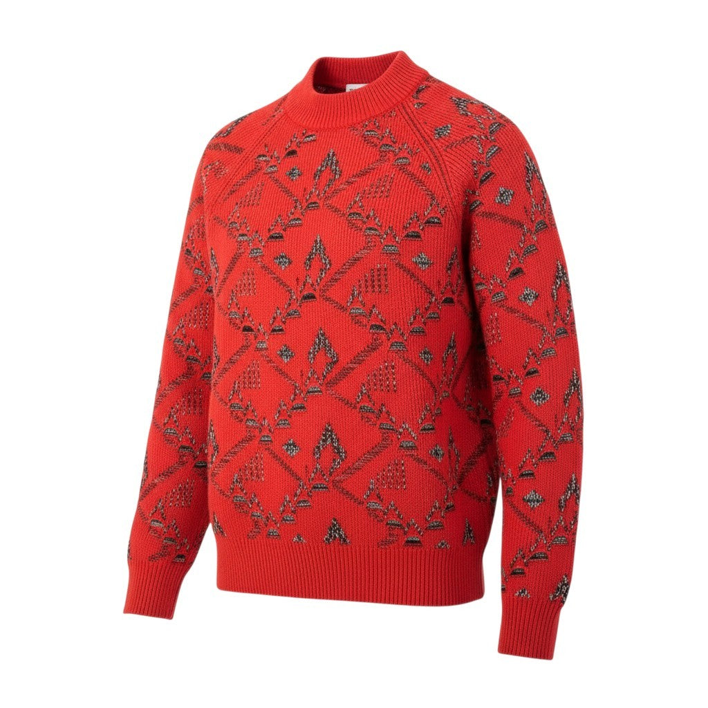 27L1 SAINT LAURENT PARIS サンローラン パリ カシミヤ混 18AW フローラル ジャガード ニットセーター サイズXS レッド メンズk02i