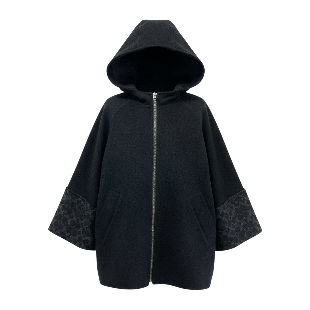 15K18 COACH コーチ ウールケープ フーデッド ハーフコート フルジップ 切替ロゴ ウールブレンド レディース 女性用 アウター CL278 XS/S ブラックマルチu02t