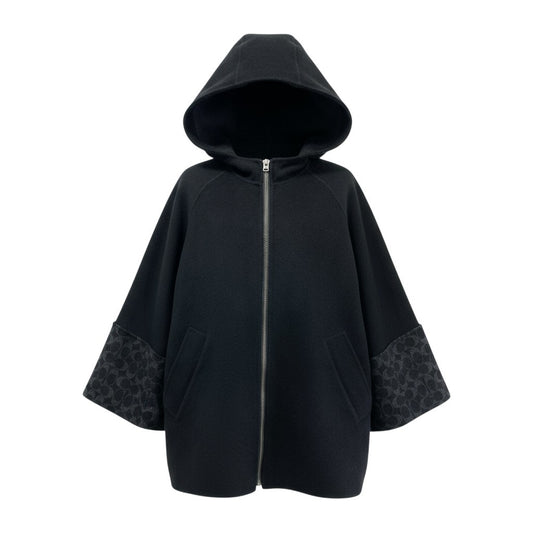 15K18 COACH コーチ ウールケープ フーデッド ハーフコート フルジップ 切替ロゴ ウールブレンド レディース 女性用 アウター CL278 XS/S ブラックマルチu02t