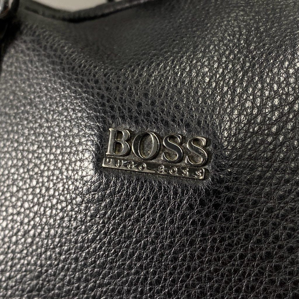 Ah15 HUGO BOSS ヒューゴボス 2way ショルダーバッグ/ハンドバッグ ビジネスバッグ 書類かばん ロゴ ブラック オールレザー メンズ 男性用