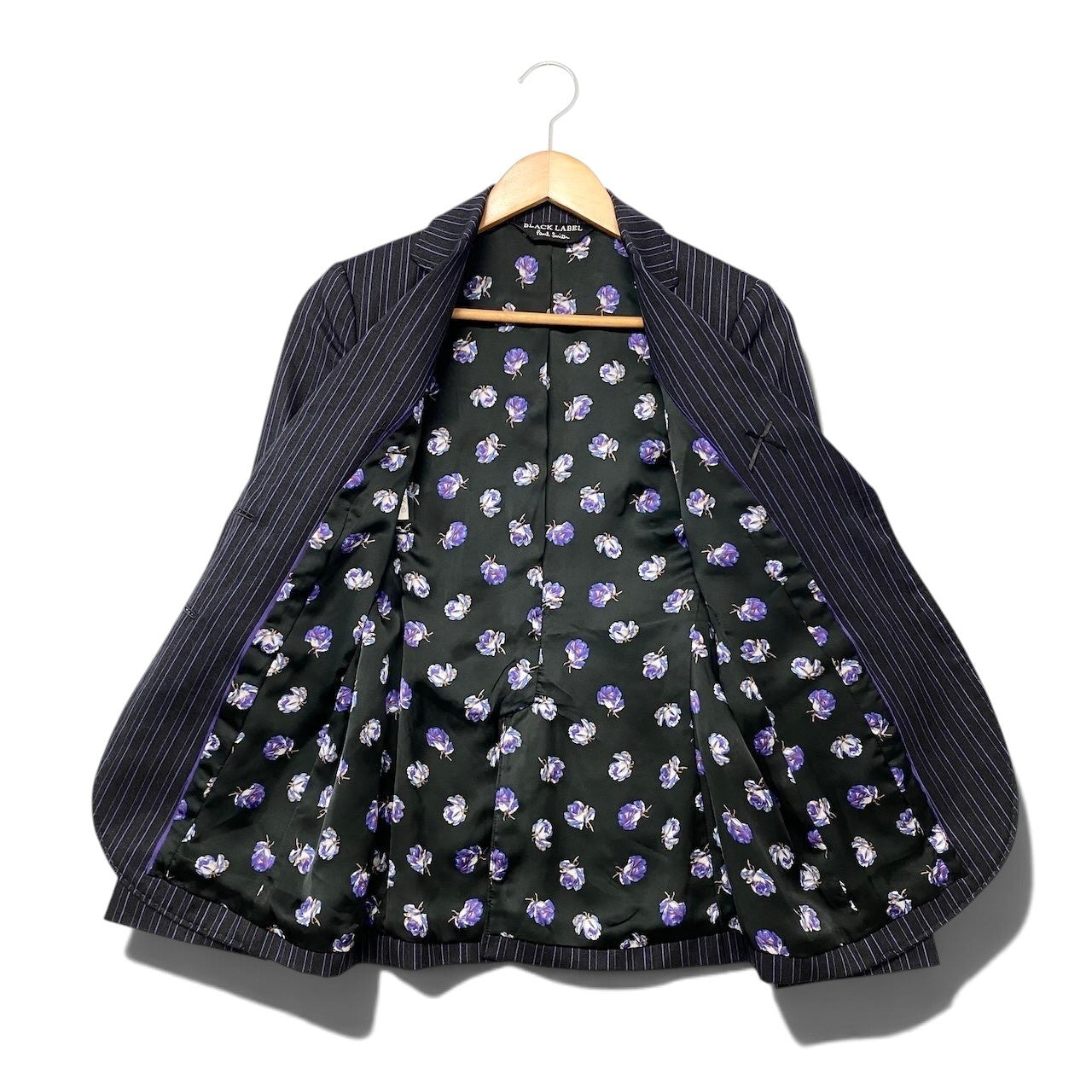 48i1 【美品】 BLACK LABEL Paul Smith ブラックレーベル ポールスミス セットアップ スカートスーツ ストライプ柄 テーラードジャケット 裏地花柄 40/38 ダークグレー パープル レディース 女性用u02t