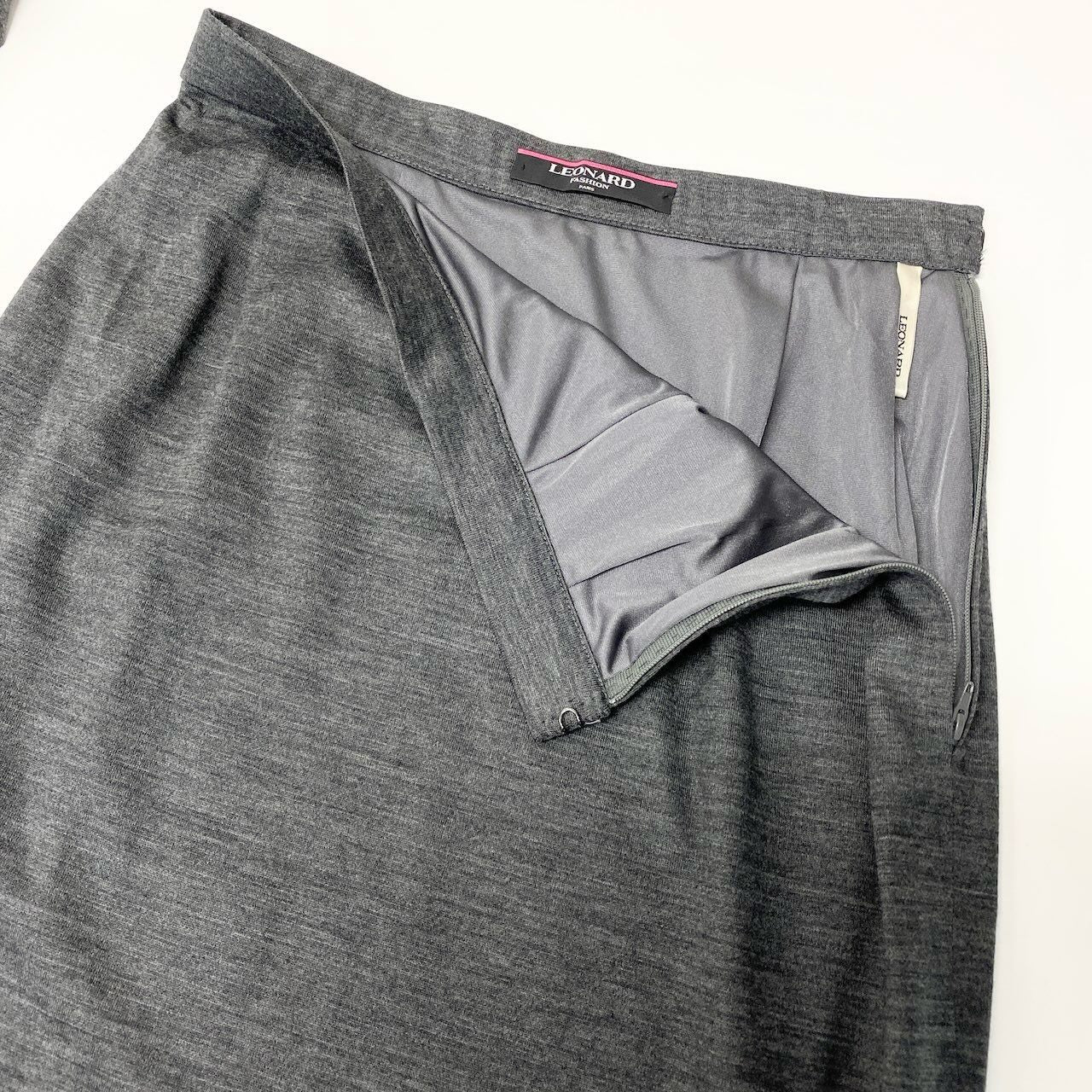 63d13 LEONARD FASHION レオナール スカートセットアップ ロングスリーブカットソー 膝丈スカート LL グレー ウール100％ レディース 女性用o07t
