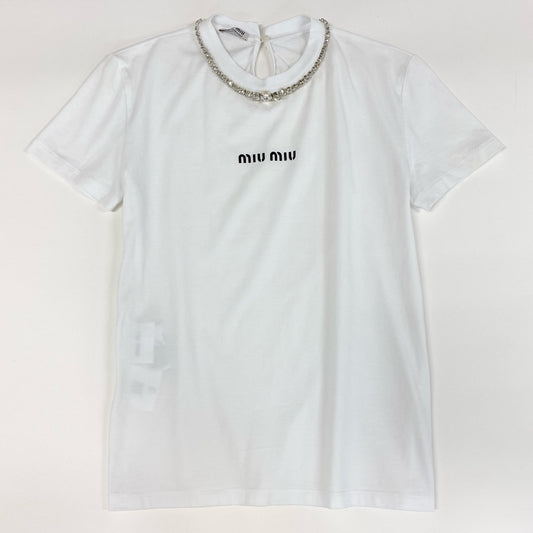 77f24 miu miu ミュウミュウ ロゴプリント 半袖カットソー ラインストーン Tシャツ ショートスリーブ トップス MJN264 XSサイズ ホワイト コットン レディース