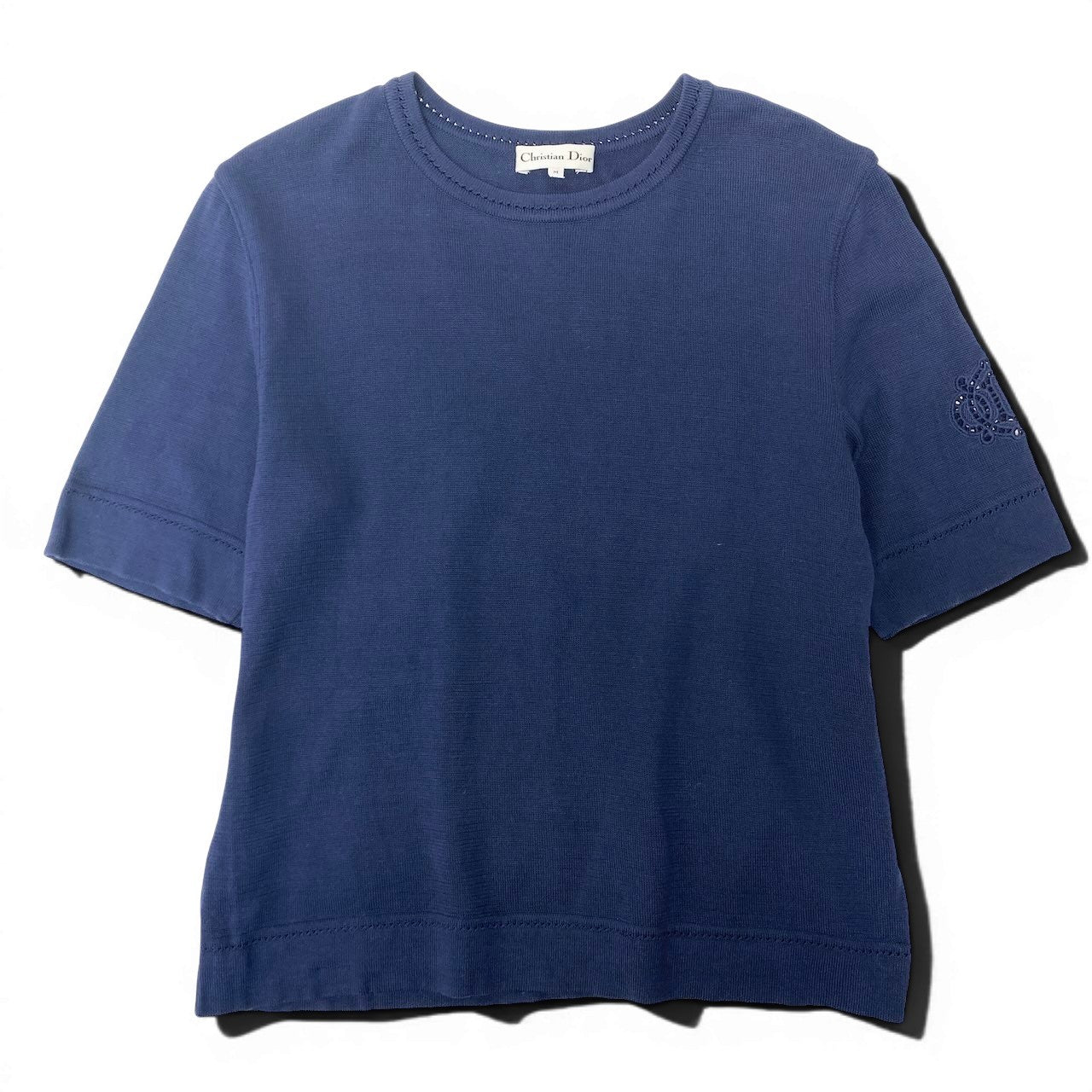 Ed22 Christian Dior クリスチャンディオール 半袖ニットセーター 袖ロゴ刺繍 トップス KW3B11250 Mサイズ ネイビー コットン100％ レディース 女性用u02t
