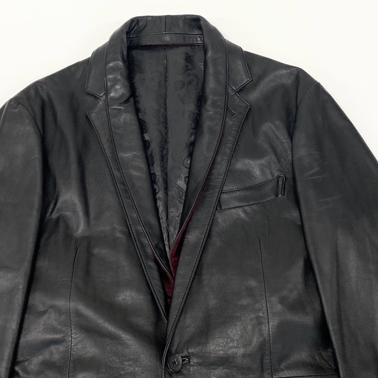 47k5 TENORAS ティノラス レザージャケット ロングジャケット 羊革 本革 ダブルカラー 2way 裏地ペイズリー柄 メンズ 紳士服 大きいサイズ LL ブラックo07t