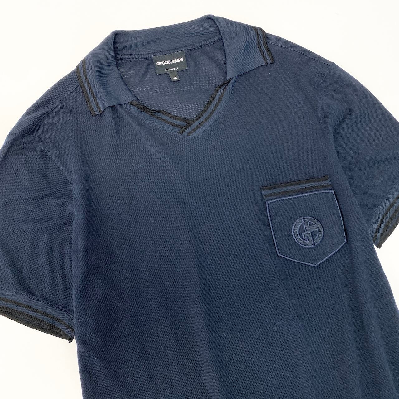 22e7 GIORGIO ARMANI ジョルジオアルマーニ オープンカラー ニットカットソー 半袖 トップス ポケットロゴ刺繡 シルクブレンド サイズ46 ネイビー メンズ 紳士服u02t
