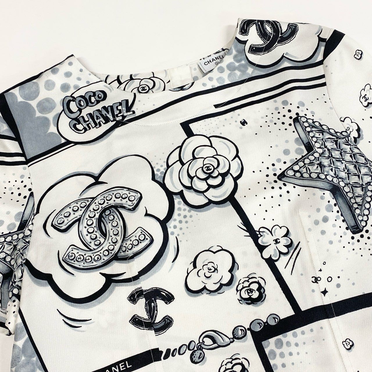 b23 CHANEL シャネル P80342 2025SS CCロゴ 半袖シルクブラウス 半袖トップス サイズ38 オフホワイト系 レディース Tシャツta1