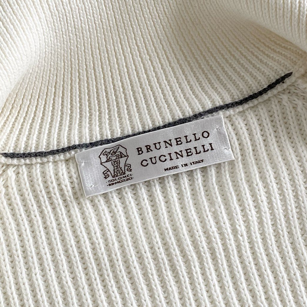 81i11 【極美品】イタリア製 BRUNELLO CUCINELLI ブルネロクチネリ コットンニット ダブルジッパー ドライバーズニット ニットブルゾン カーディガン サイズ52 ホワイト メンズ 男性用