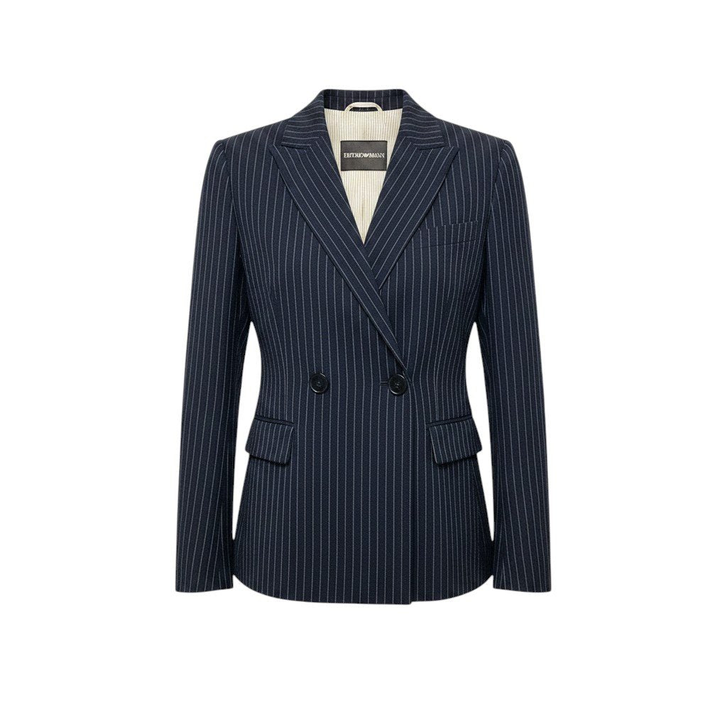 48i1 EMPORIO ARMANI エンポリオアルマーニ バックベルト テーラードジャケット ダブルブレスト ストライプ柄 ネイビー レディース 女性用u02t