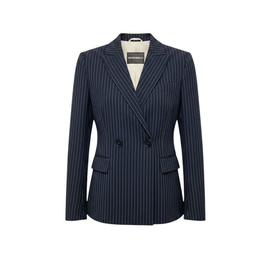 48i1 EMPORIO ARMANI エンポリオアルマーニ バックベルト テーラードジャケット ダブルブレスト ストライプ柄 ネイビー レディース 女性用u02t