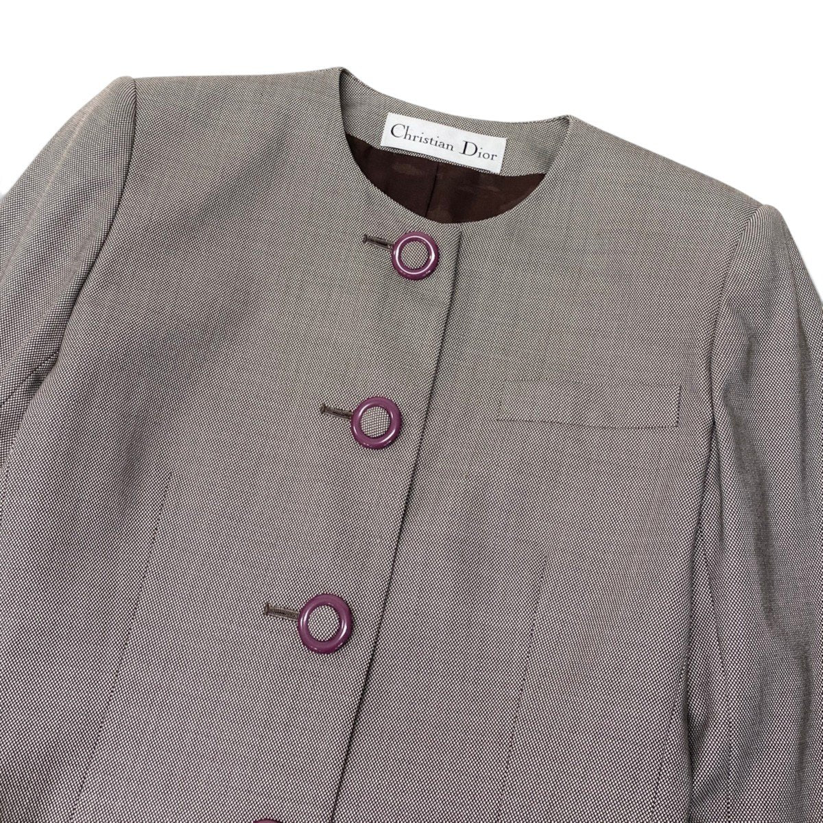 K Ei13 Christian Dior クリスチャンディオール ノーカラージャケット ウールジャケット くるみボタン ブラウン系 レディースo07t