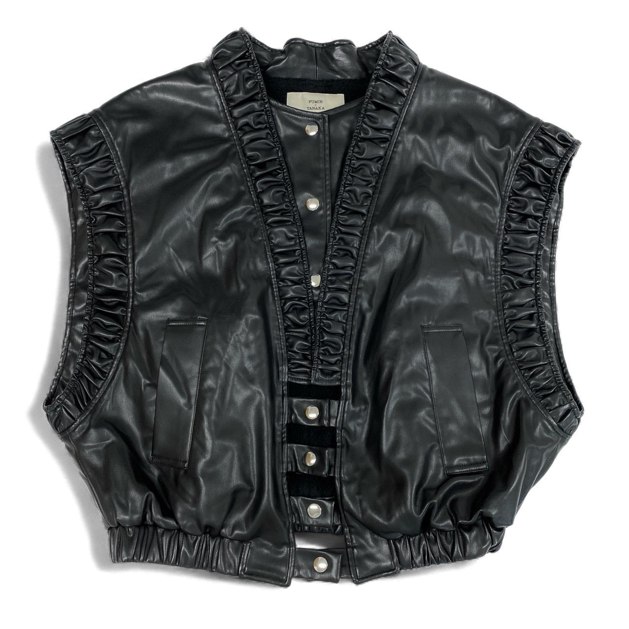 8L5【美品】FUMIE TANAKA フミエタナカ ギャザーベスト フェイクレザーベスト 裏起毛 日本製 F23A-16 2サイズ ブラック レディースu02t